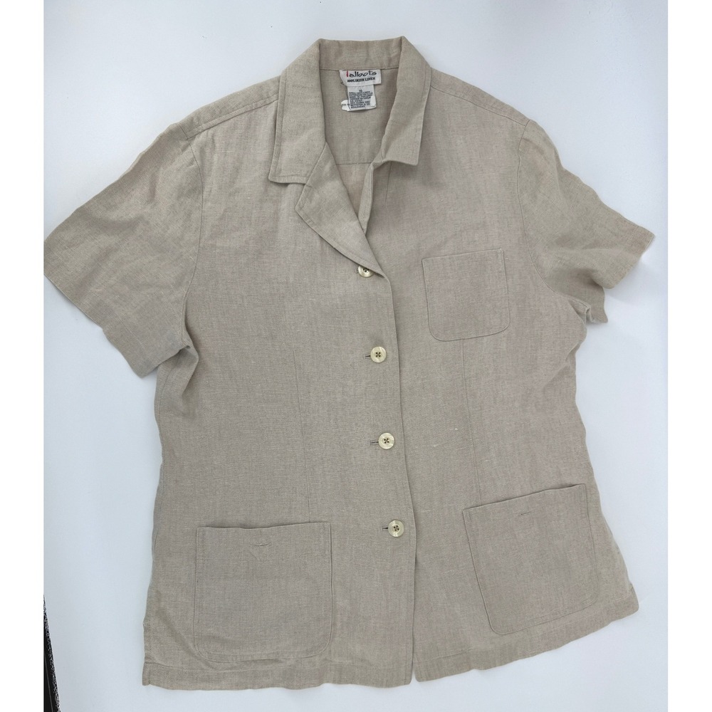 Talbots 100% Irish Linen Shirt 16 Beige Button Down Short‎ Sleeve Womens
